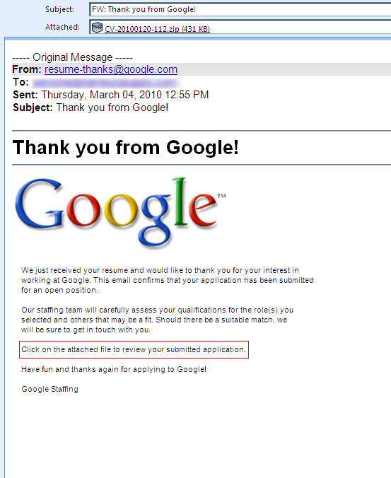 Google Jobs Scam Example