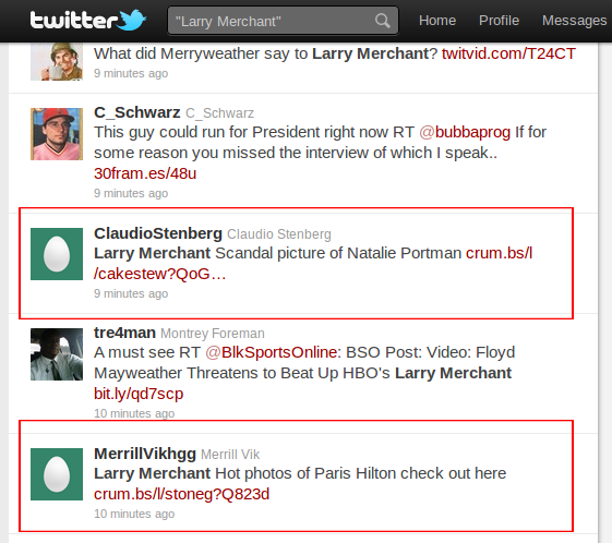 Spam on Twitter for Larry Merchant, Natalie Portman, and Paris Hilton