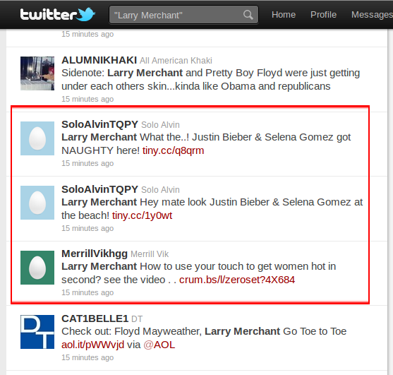 Search Results Spam on Twitter for Justin Bieber, Selena Gomez