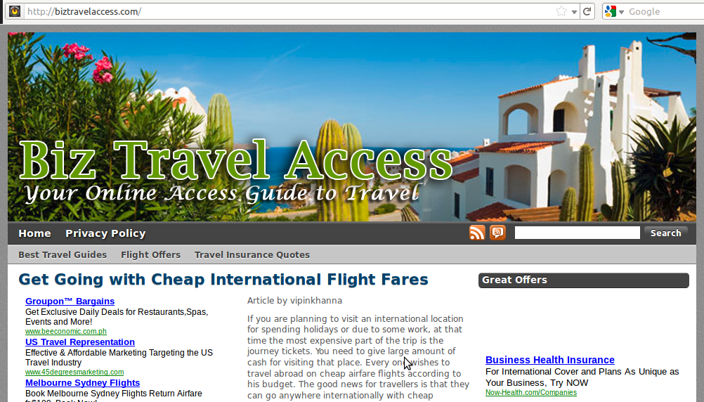 Spam Website For Cheap Travel and Flights Linked to Twitter Search Results