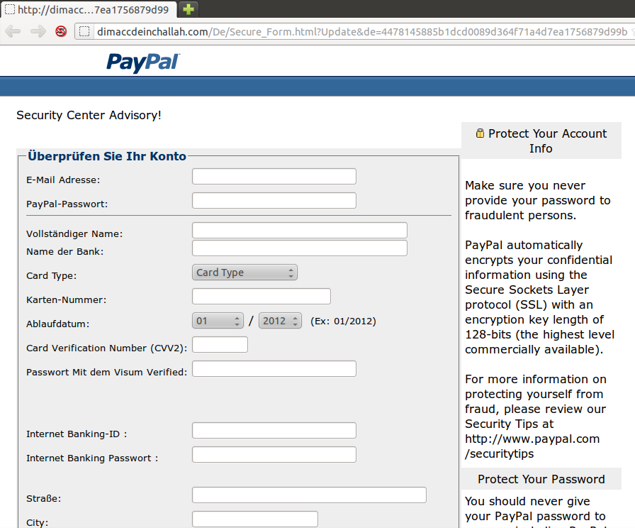 Security Warning on PayPal Phishing Scam Website