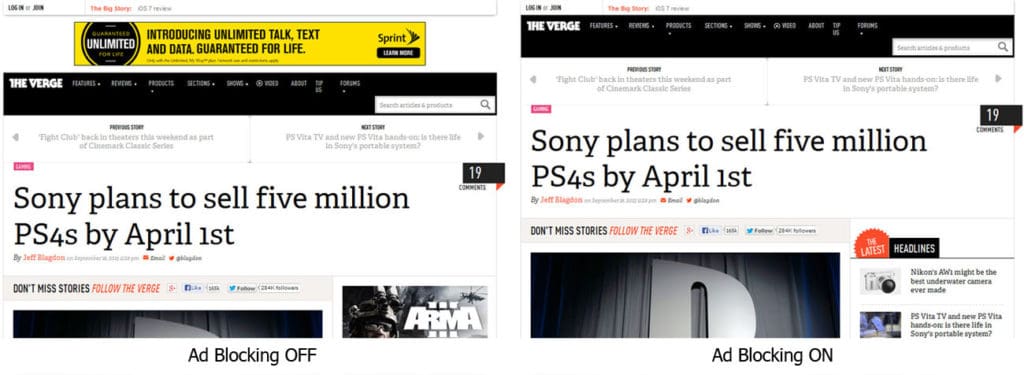 Example screenshot of ad blocking of Sprint and Arma 3 ad units on TheVerge.com with AdBlock Plus for Firefox