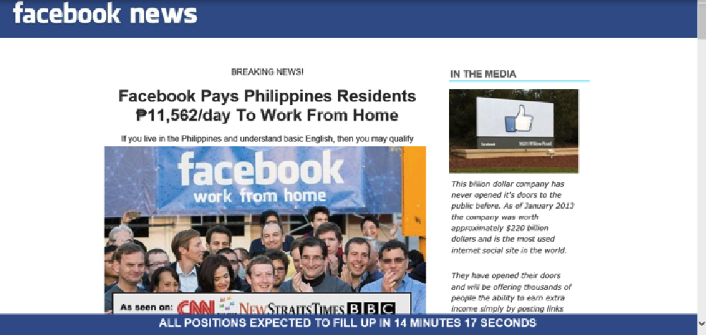 Screenshot, example of a work from home scam website tied to Facebook