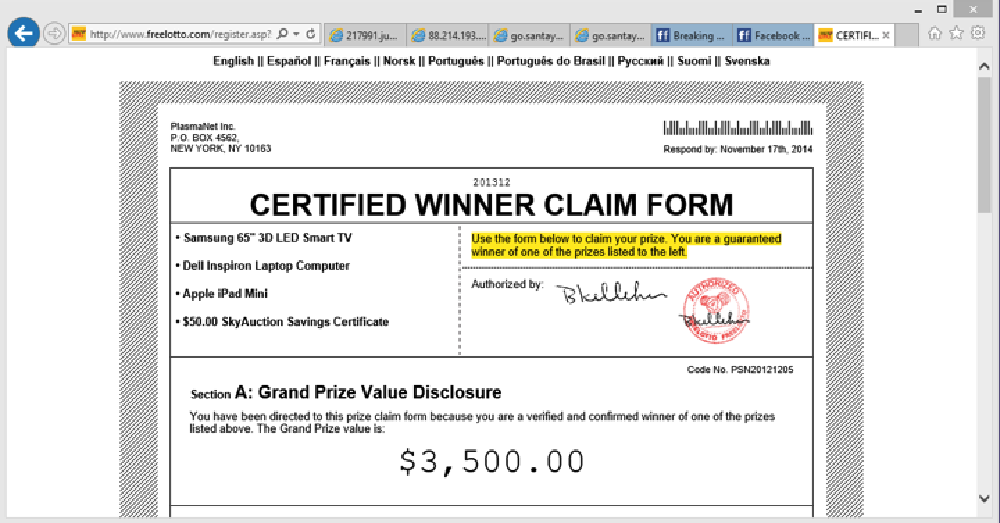 Example of a Lotto scamvertising website