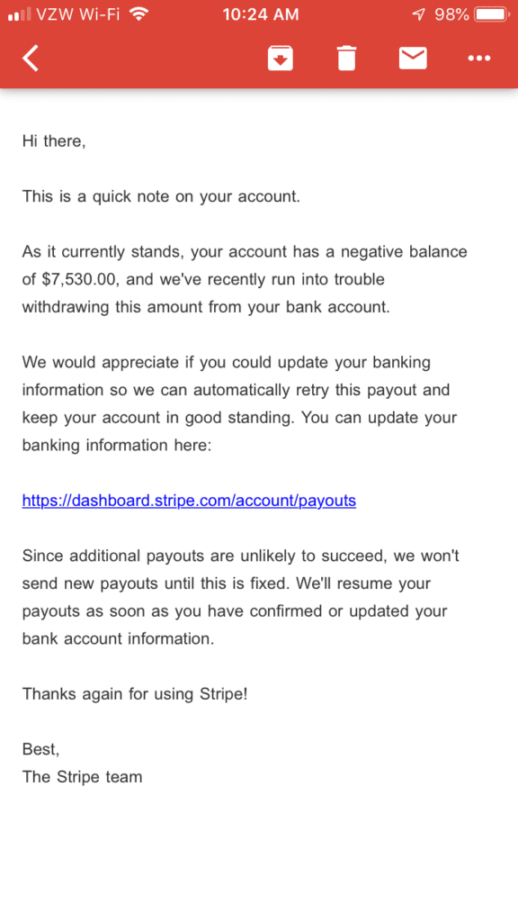 Stripe Phishing Scam - Mobile Email in Gmail App iOS